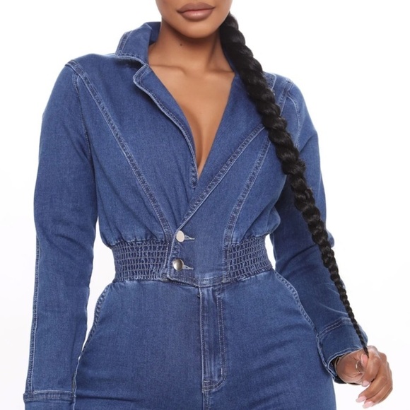 NWT Fashion Nova Darling Denim Jumpsuit Long Sleeve Plunge Neck - Picture 2 of 5